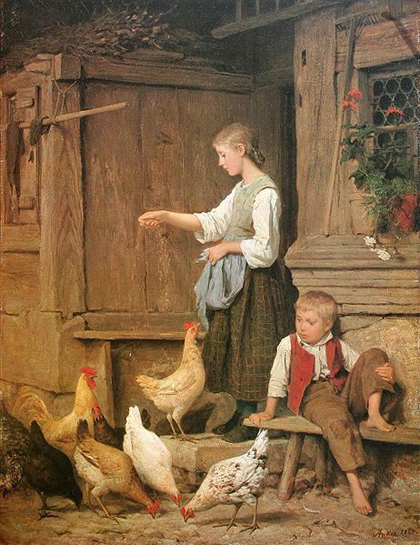 Albert Anker - Garota alimentando galinhas